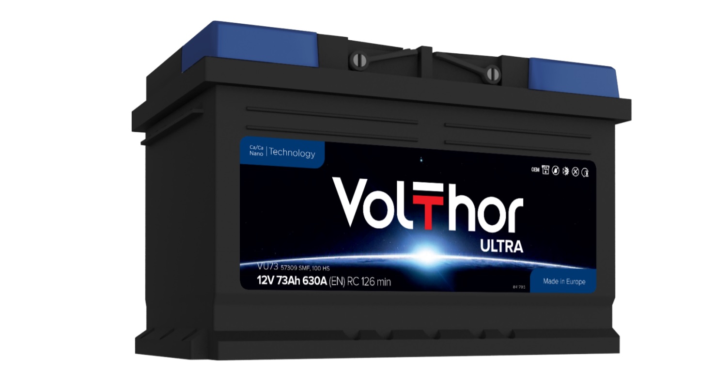Акумулятор легковий VOLTHOR 6СТ-73(630) ULTRA 12B, 73Ah, 630A, плюс праворуч (R+) кальцієвий (Ca/Ca) 278X175X175 мм (301073)